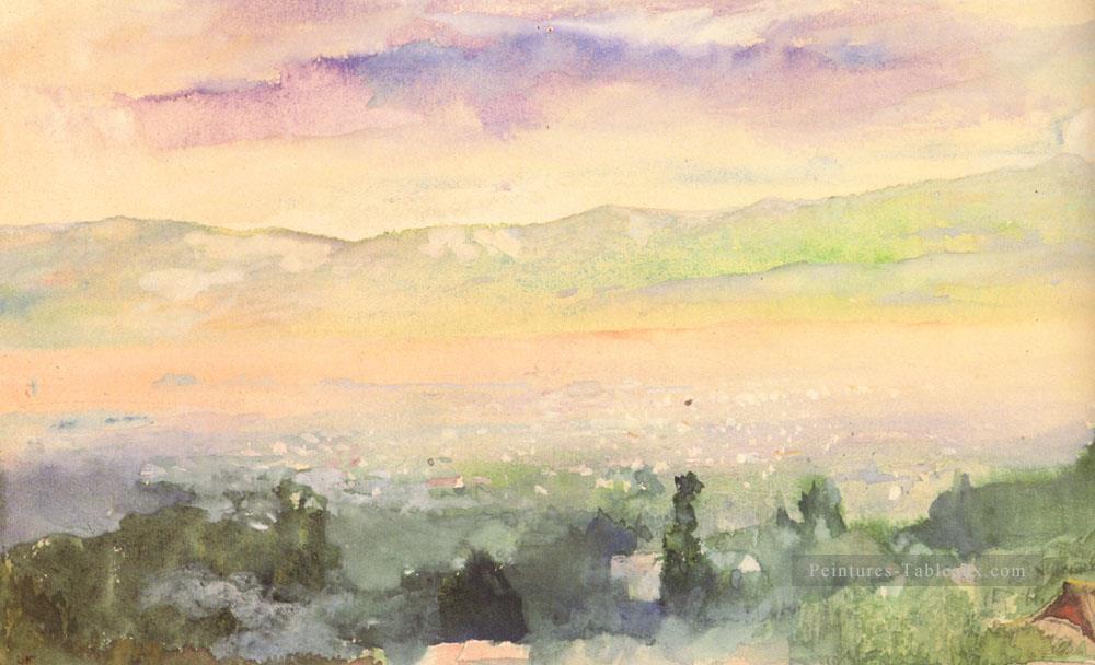 Lever de soleil dans le brouillard sur Kyoto paysage John LaFarge Peintures à l'huile